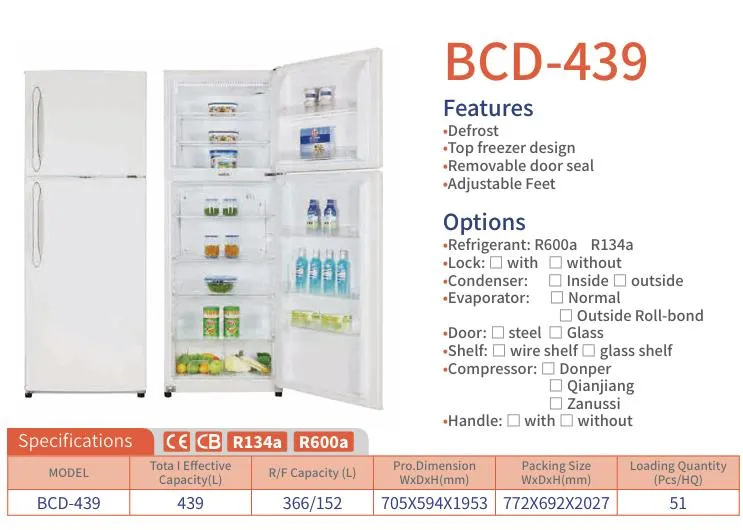 OEM Factory Direct Sales 439-Liter Double Door Top Freezer Refrigerator for Home Use