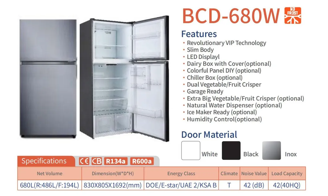 Bcd-680W Factory Direct Sales of Household No Frost Fridge Double Door Refrigerators New Style