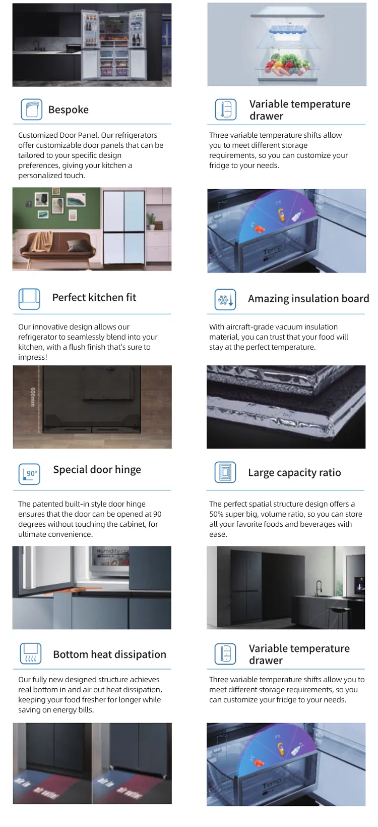 Large Capacity Big Chill Kitchen Appliance Drawers Water Dispenser No Frost French Double Door Bottom Freezer Refrigerator