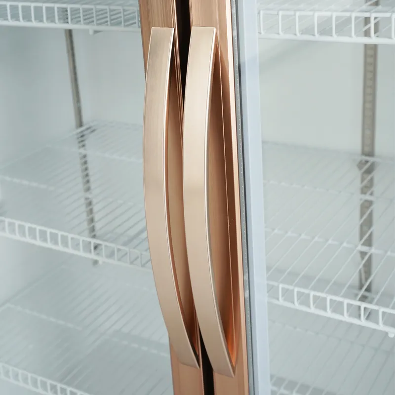 Double Door Upright with Rose Gold Handle Beverage Refrigerator