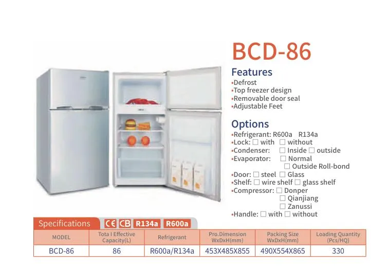 Bcd-86 Mini Fridge with Top Freezer Design Ideal for Apartments Dorms and Home Office