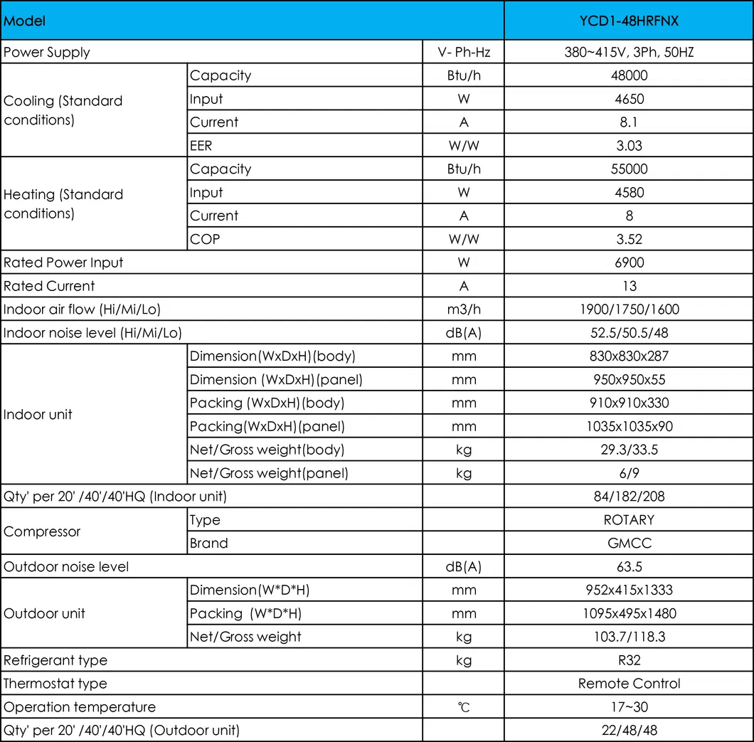 48000 BTU R32 Gas 3pH ceiling Cassette Air Fan Coil Central Air Conditioner