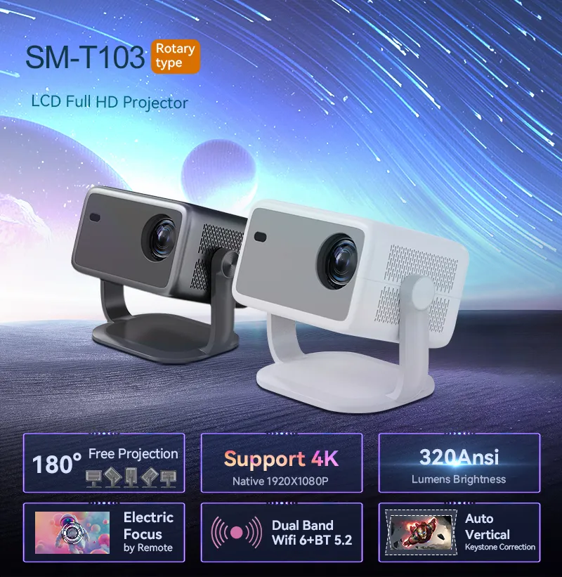 1080P Android Smart Projector with Auto Keystone Bt Dual-Band WiFi 320ANSI Lumens
