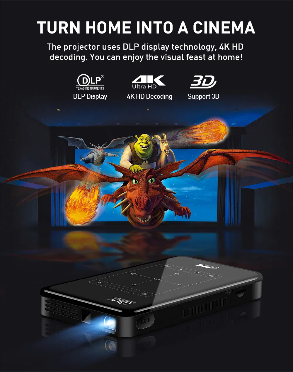 3D Mini Projector DLP HD-in 4K HD Decoding Touch Panel Keystone Correction