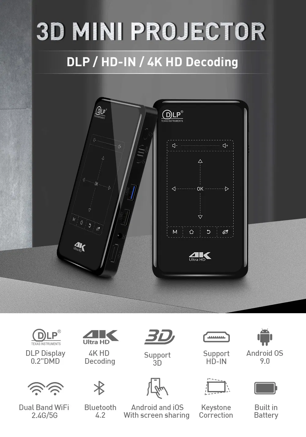 3D Mini Projector DLP HD-in 4K HD Decoding Touch Panel Keystone Correction