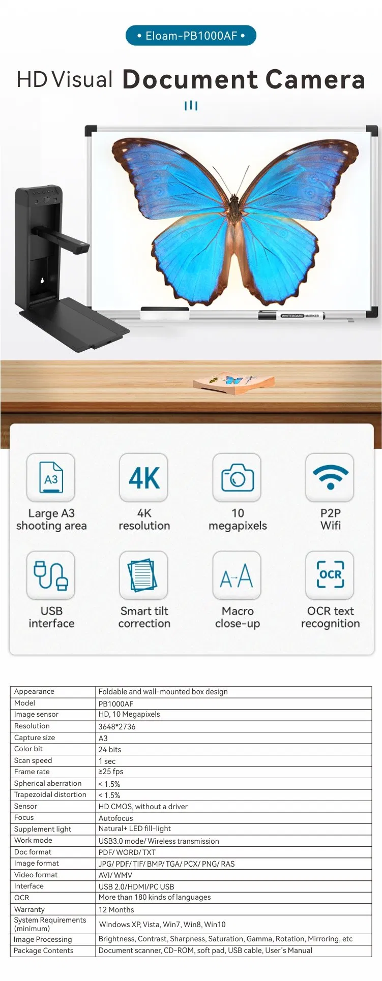 Eloam Wall-Mounted 10MP High Resolution USB Interactive Document Camera Projector Visualizer