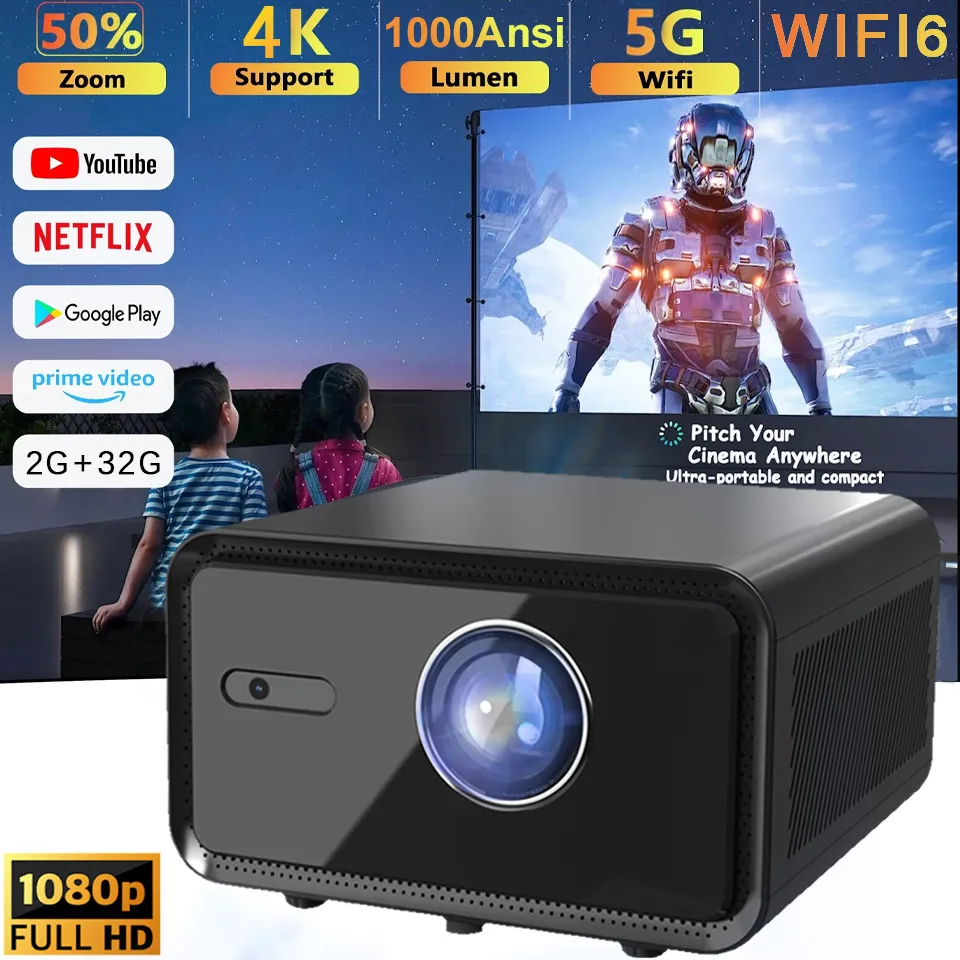 Smart 1080P LED Projector with 5g WiFi and Bt, 1000 ANSI Lumens, Auto Keystone Correction, Perfect for Gaming and Streaming