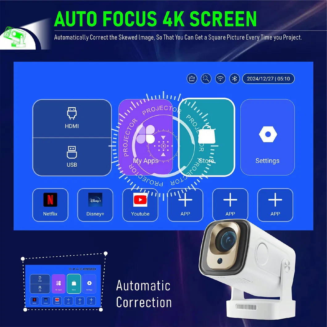 Hy260 PRO Android 11 1GB+8GB LED Video Projector 200 ANSI Lumen 1080P WiFi6 Bt5.4 Home Theater Device