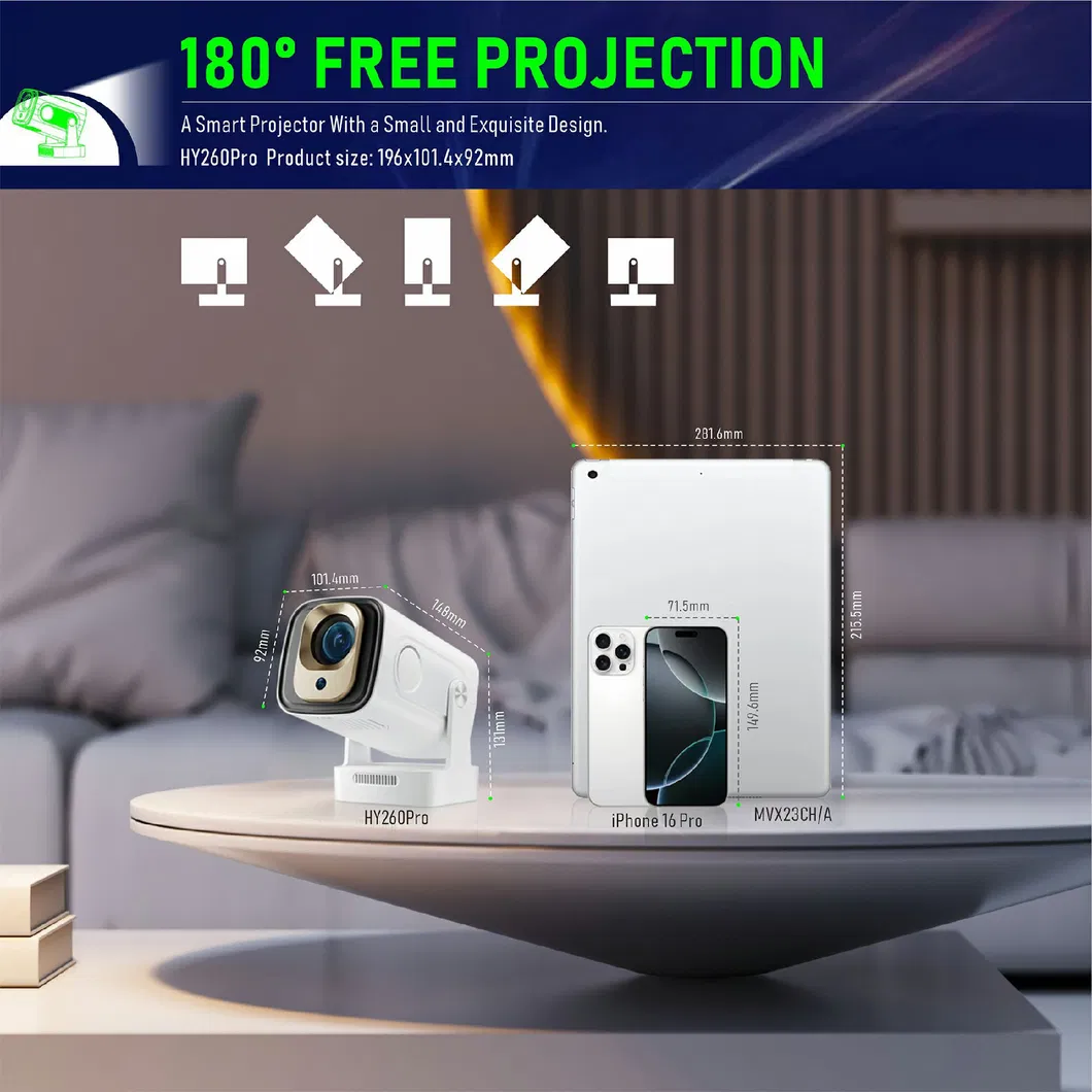 Hy260 PRO Android 11 1GB+8GB LED Video Projector 200 ANSI Lumen 1080P WiFi6 Bt5.4 Home Theater Device