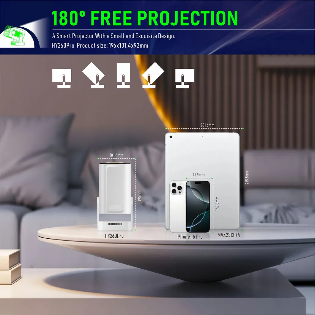 Hy260 PRO Android 11 1GB+8GB LED Video Projector 200 ANSI Lumen 1080P WiFi6 Bt5.4 Home Theater Device