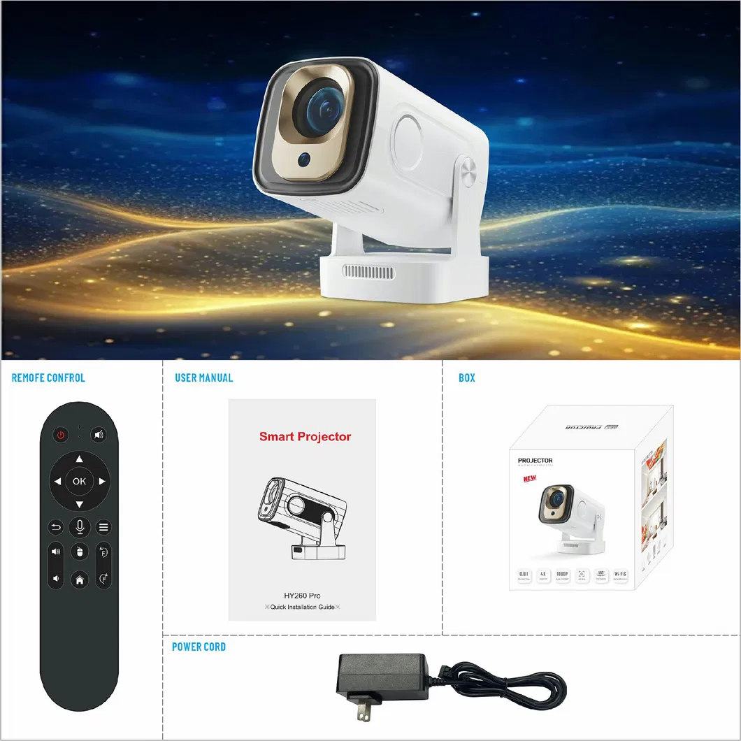 Hy260 PRO Android 11 1GB+8GB LED Video Projector 200 ANSI Lumen 1080P WiFi6 Bt5.4 Home Theater Device