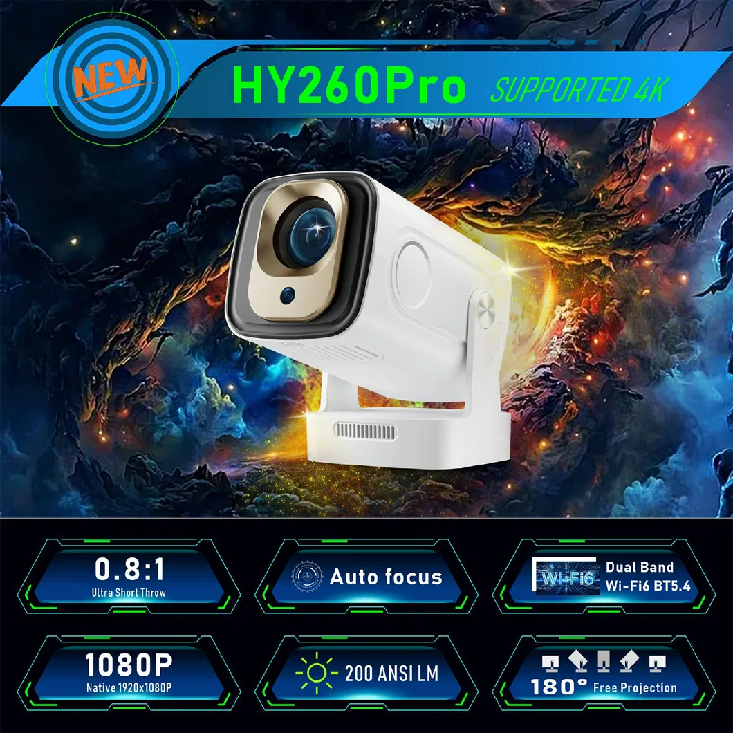 Hy260 PRO Android 11 1GB+8GB LED Video Projector 200 ANSI Lumen 1080P WiFi6 Bt5.4 Home Theater Device