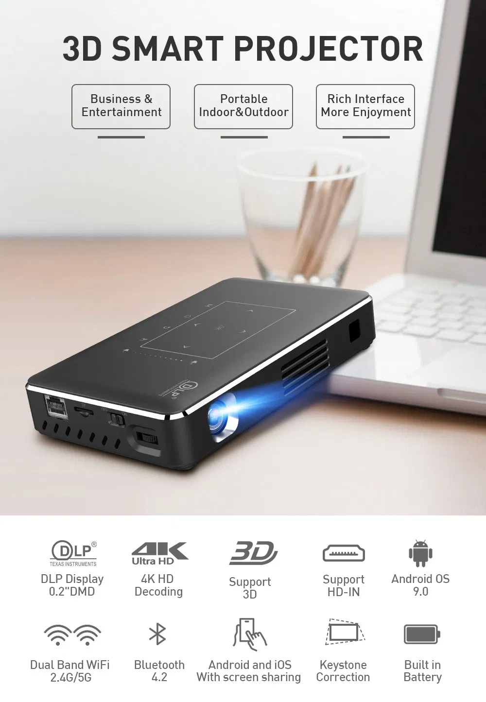 Portable Intelligent DLP Mini 3D Ready Mini Projector