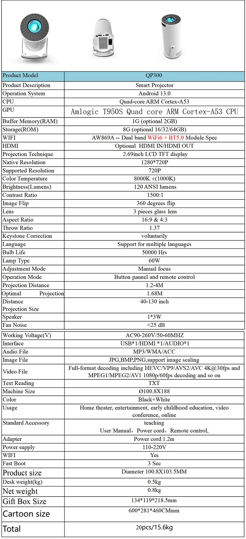 Intelligence Android WiFi Proyector Ultra 720p Mini PTZ LED Projector Home Entertainment