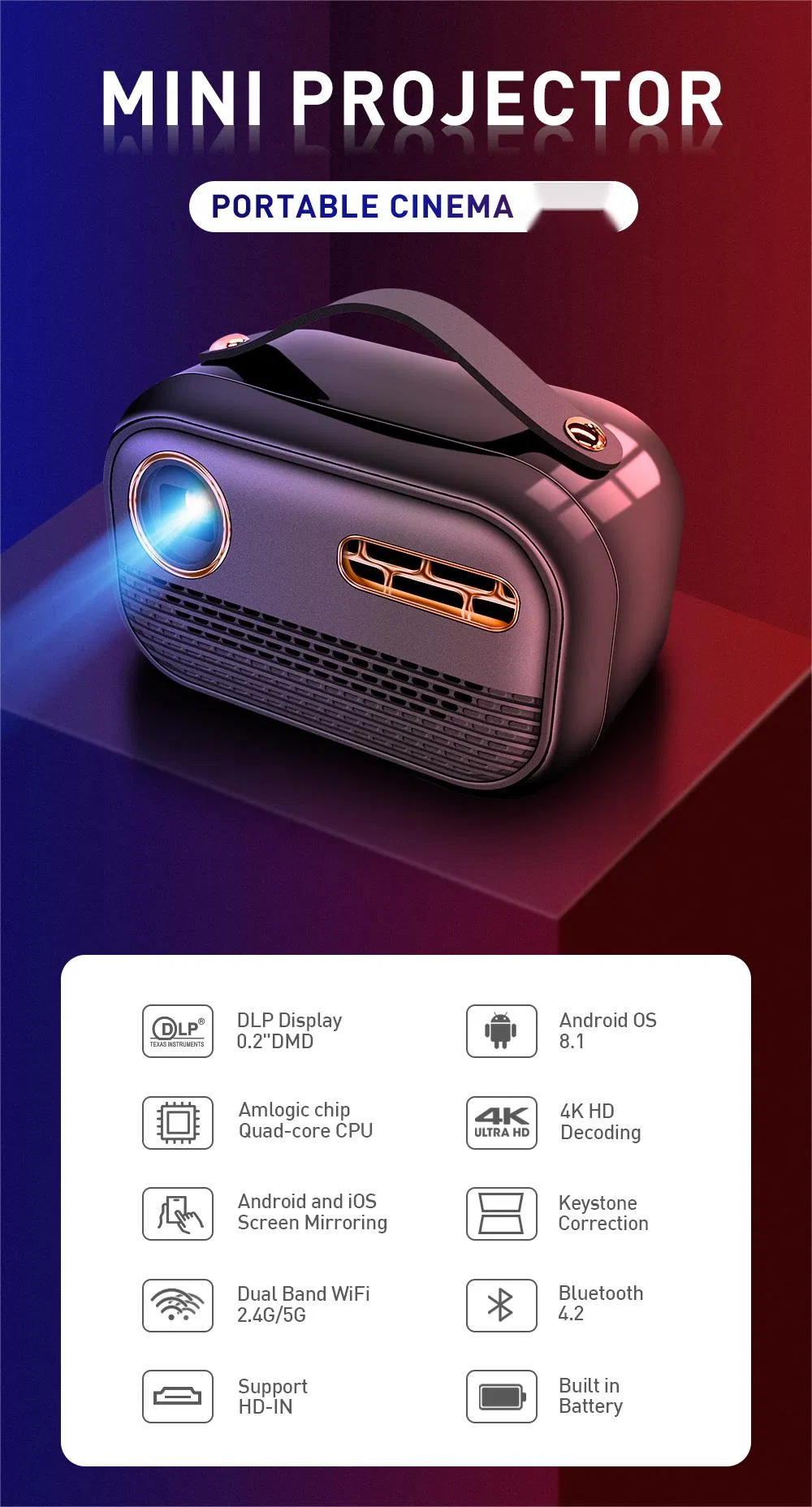 65 Lumens Android 9.0 System 4K Decoding Input Four-Corner Correction DLP Smart Projector