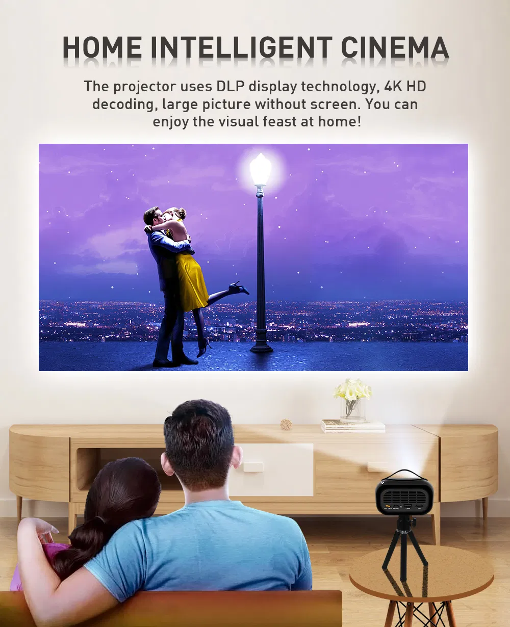 65 Lumens Android 9.0 System 4K Decoding Input Four-Corner Correction DLP Smart Projector