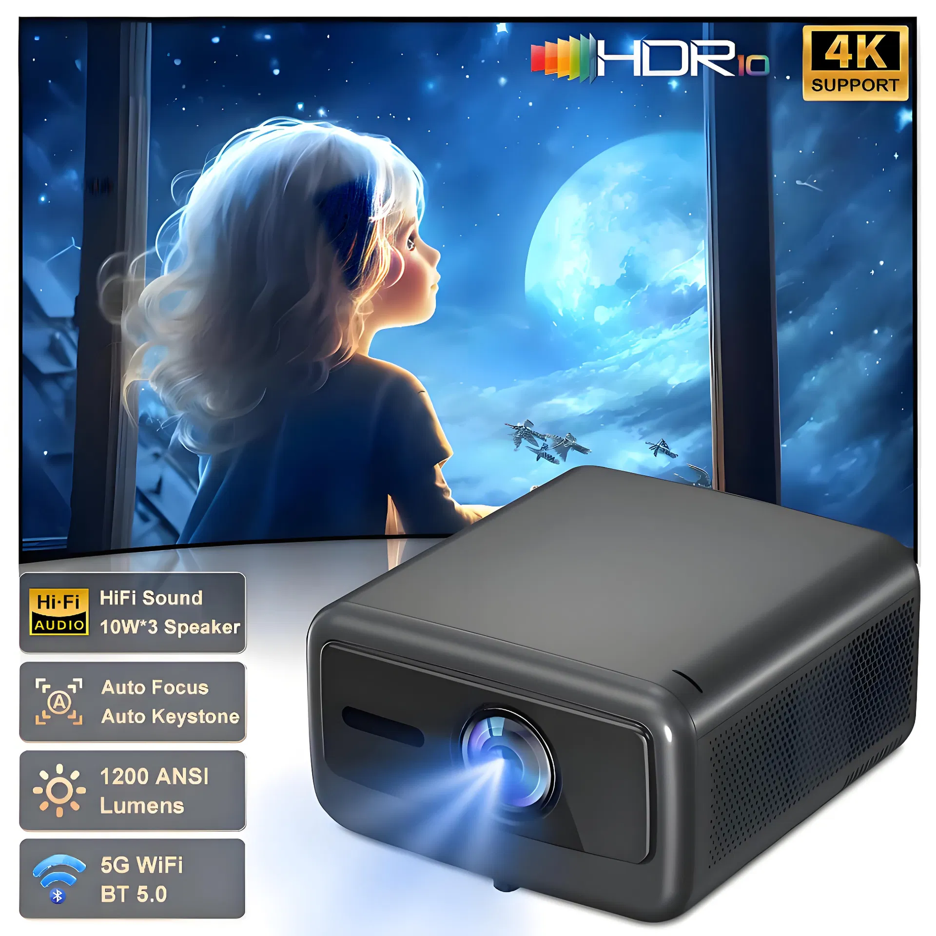 Auto Focus 6D Digital Keystone LED Projector 1200ANSI Lumens with 128GB Memory for Home Cinema and Business Use