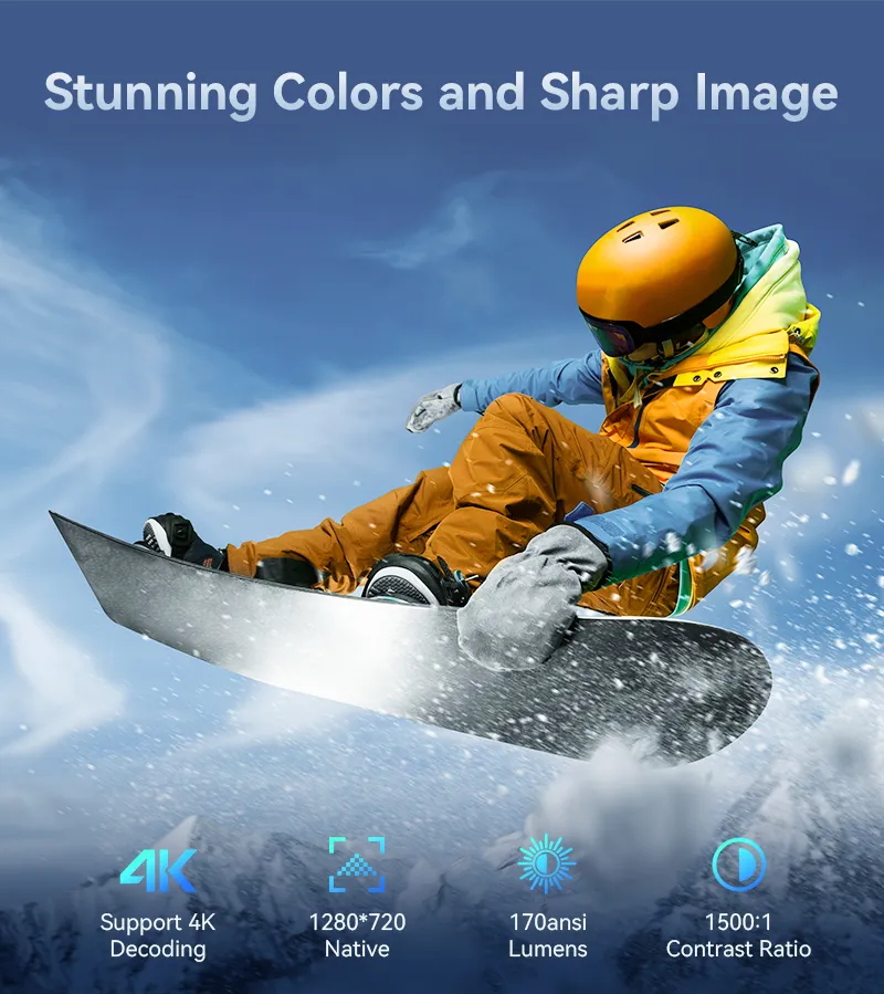 Smart Portable 4K Projector with WiFi &amp; Bluetooth-Short Throw for Home Theater