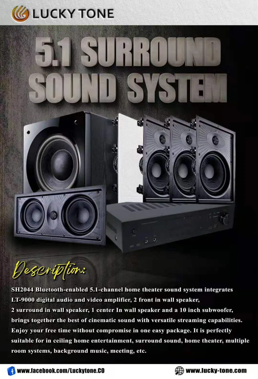 60W 8ohm Home Theater Surround 5.1 Sound System Front and Surround HiFi in Wall Speaker with 1 Woofer and 1 Tweeter, Bluetooth Connection