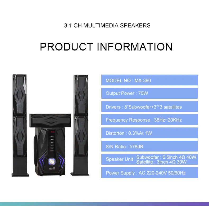 High Quality Powerful Bass Wooden Subwoofer Home Theater System MX-380