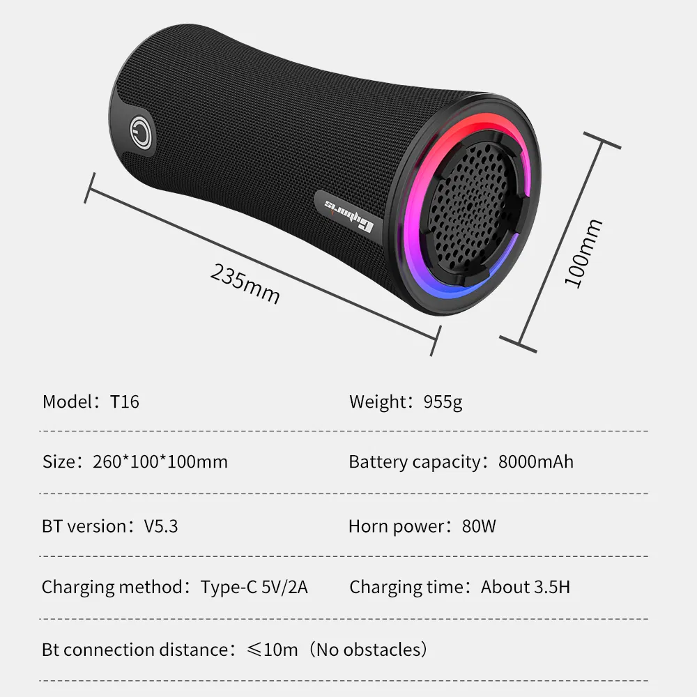 Cyboris T16 Portable Wireless Bluetooth Speaker with RGB Lighting Stereo Surround Sound Music Player