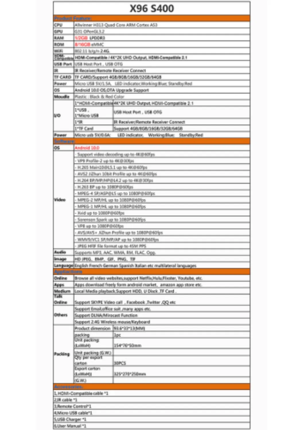 Android 10.0 X96s400 4K Allwinner H313 2GB 16GB Media Player Set Top Box