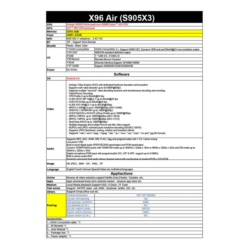 X96air Amlogic S905X3 64GB 2.4G/5g 8K Android 9.0 TV Set Top Box X96 Air Support Voice Remote