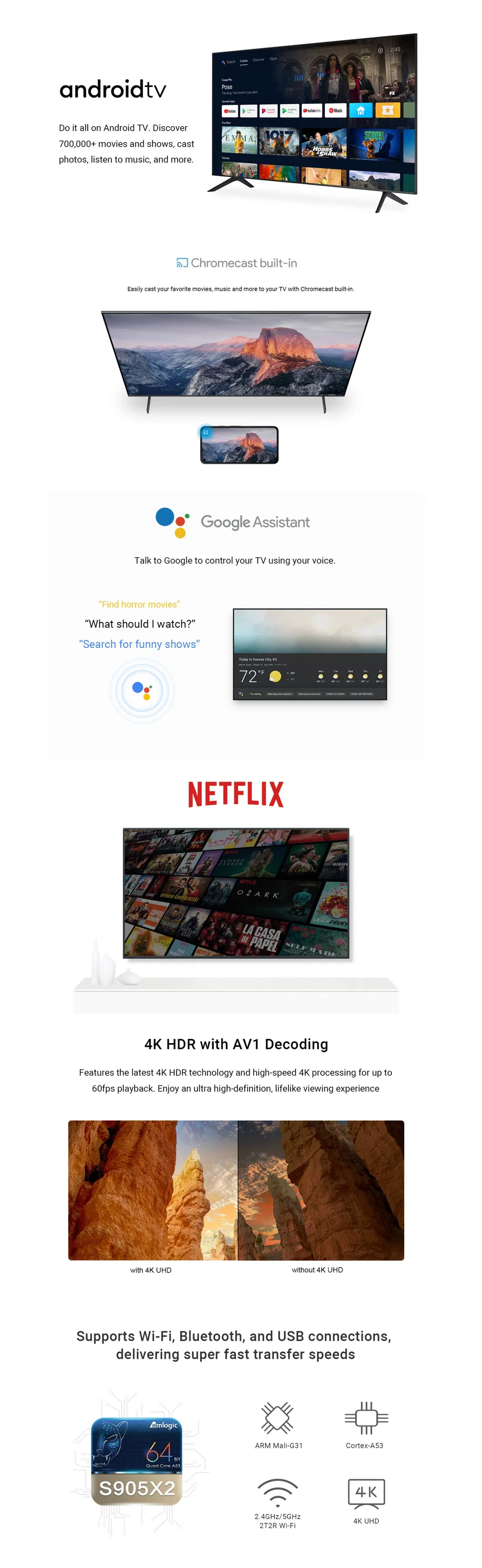 Android TV Box S905X2 Quad-Core Arm A53 1.8GHz Smart Play Store Android 10 Watch Set Top Box