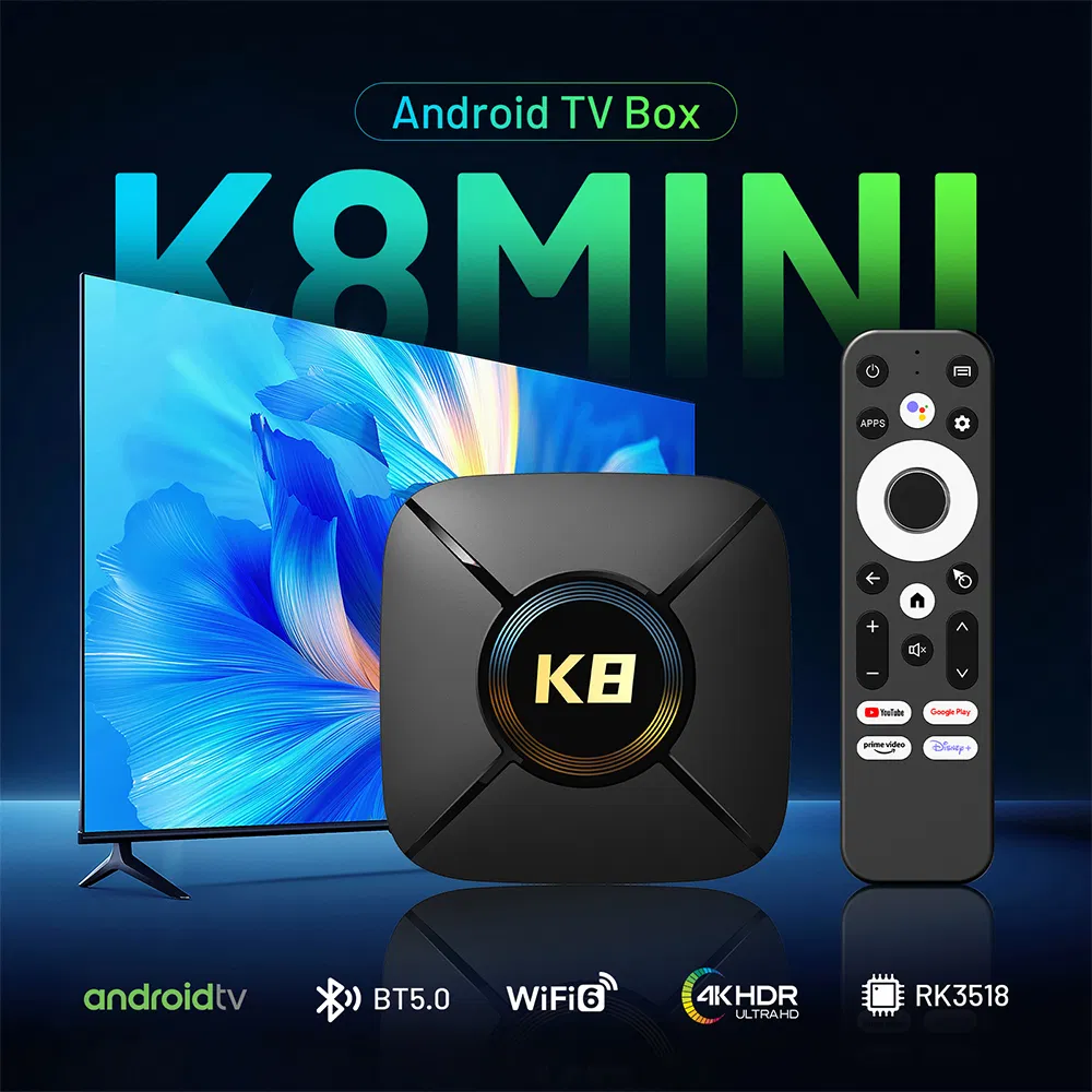 Promax Ott HK1 K8 Mini Android 14 OS Smart TV Box Voice Remote 2.4G 5.8g Dual WiFi 6 Rk3518 Chip 2g RAM 16g 32g ROM 4K Set Top Box