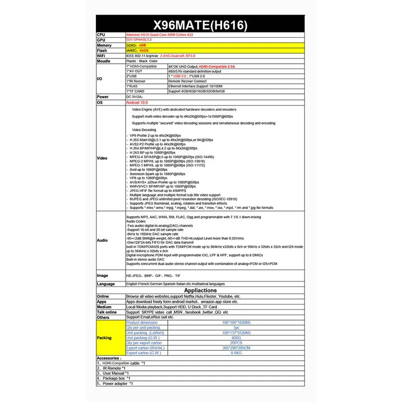 X96 Mate 4GB 64GB Android 10.0 Smart TV Box H616 2.4G/5g 4K Media Player Set Top Box X96mate