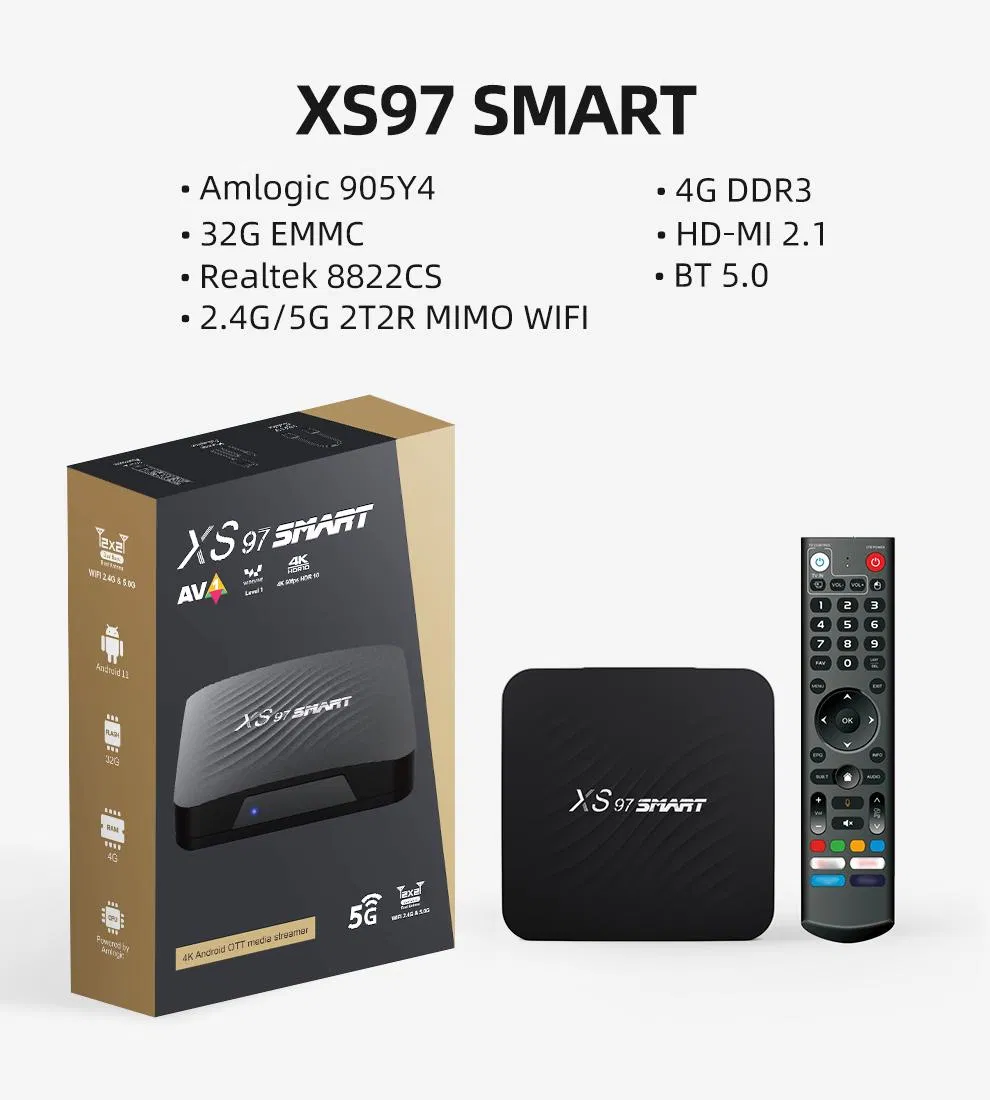 Custom 4GB RAM 32GB ROM Xs97 Smart TV Box Android 11 Media Player Smart Tvbox Quad Core 4K Set-Top Box Android TV Box