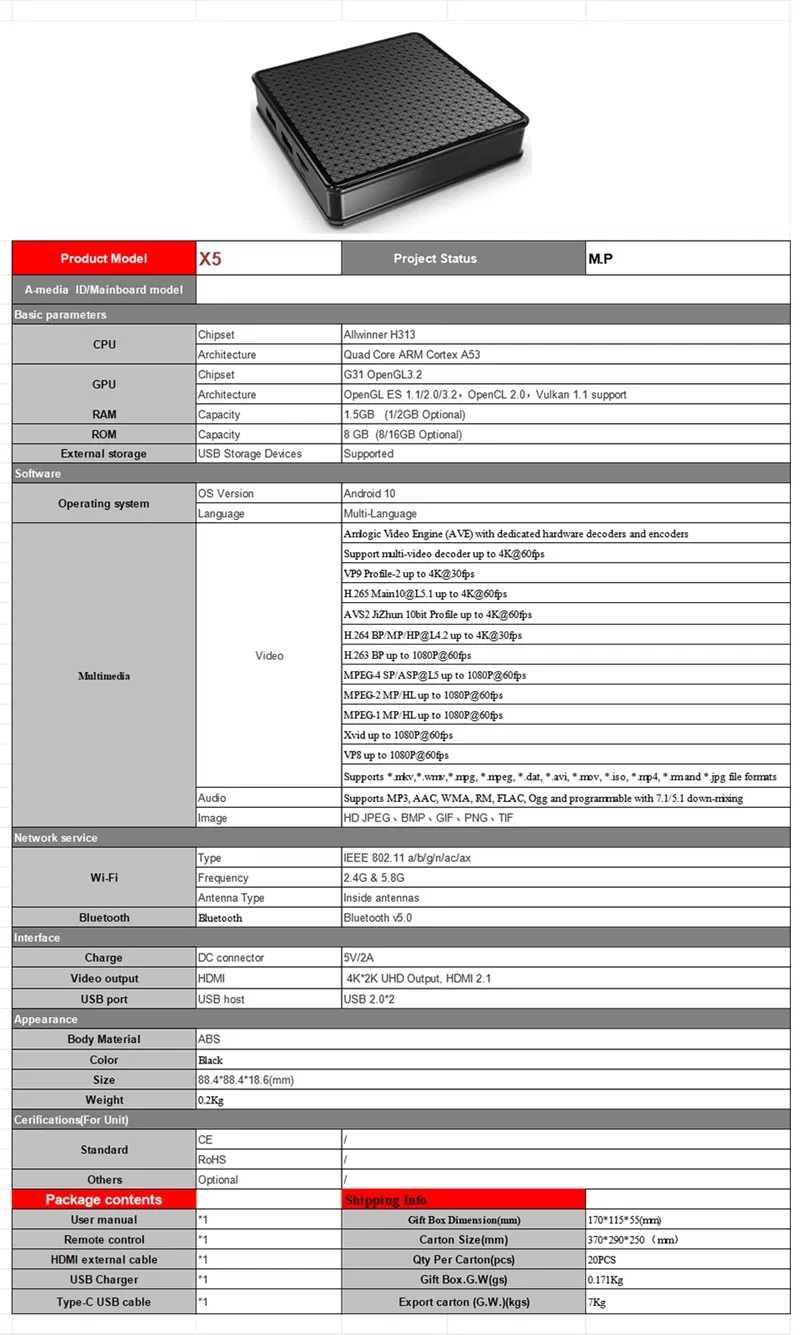 Cheapest Android TV Box X5 Android 10.0 Allwinner H313 2GB 16GB 2.4G WiFi Smart Set Top Box
