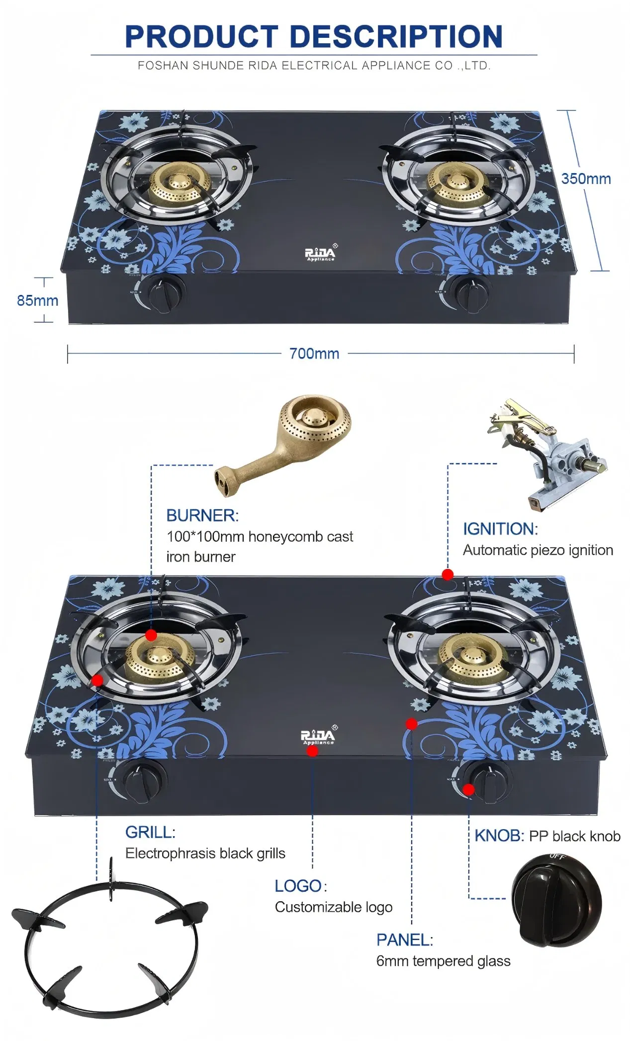 Tempered Glass Gas Stove Two Burner Gas Stove