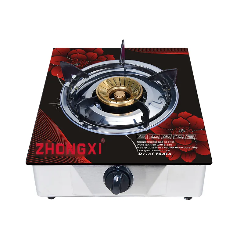 Hot Selling Tempered Glass Gas Stove with Cast Iron Single Brass Flame Burner Gas Cooktop