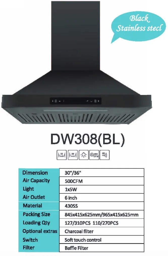 Modern Black Kitchen Hood Range with Touch Control, 110V Voltage