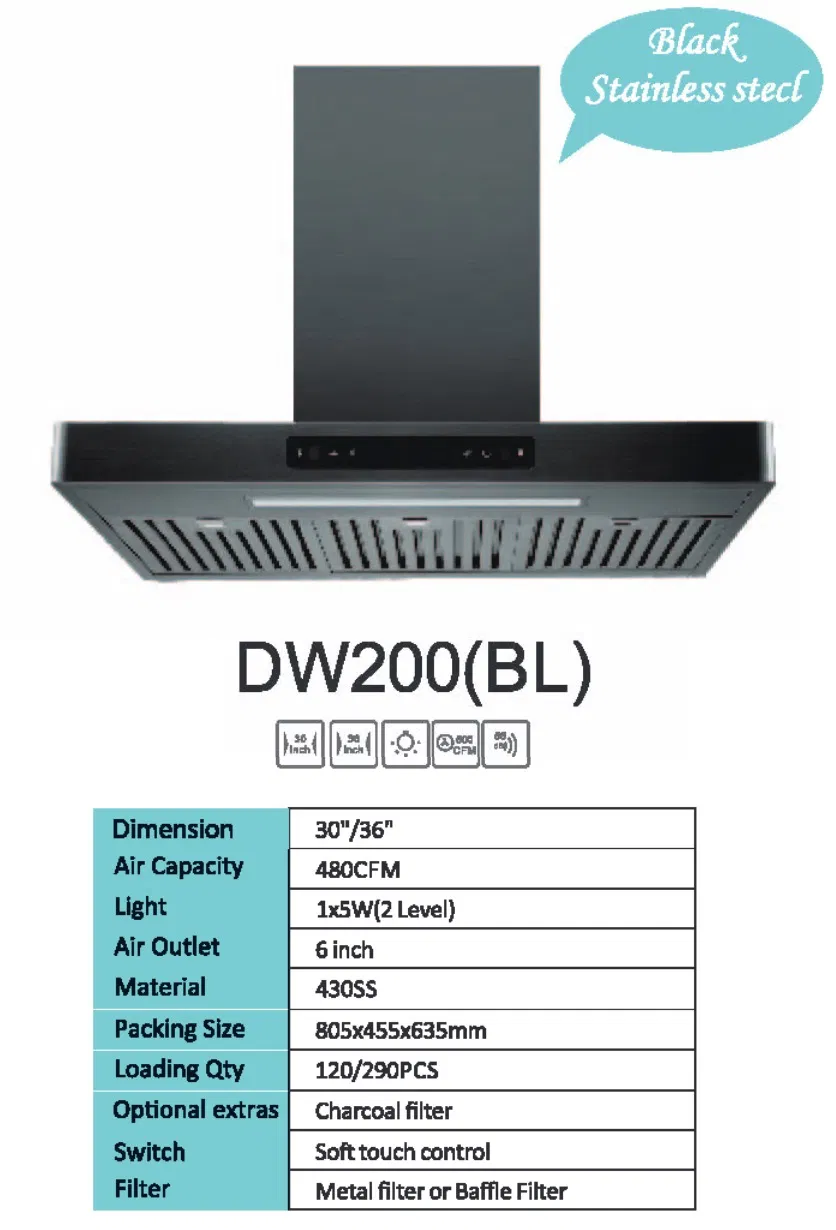 Modern Black Kitchen Hood Range with Touch Control, 110V Voltage