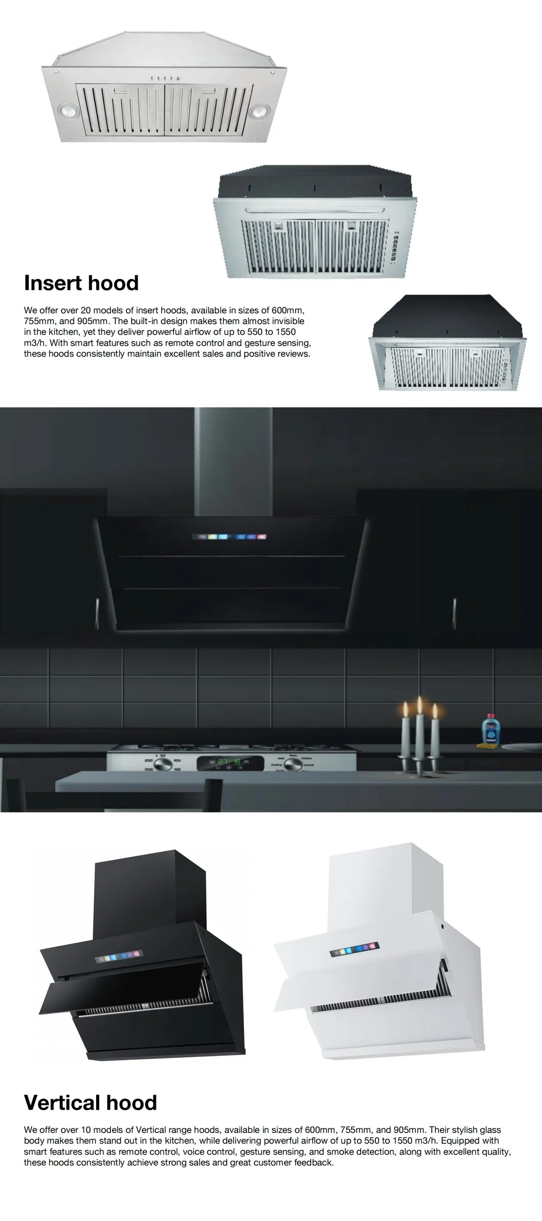 Powerful Stainless Steel Kitchen Hood Range Hood Chimney with 900 Cfm Performance Cooker Hood