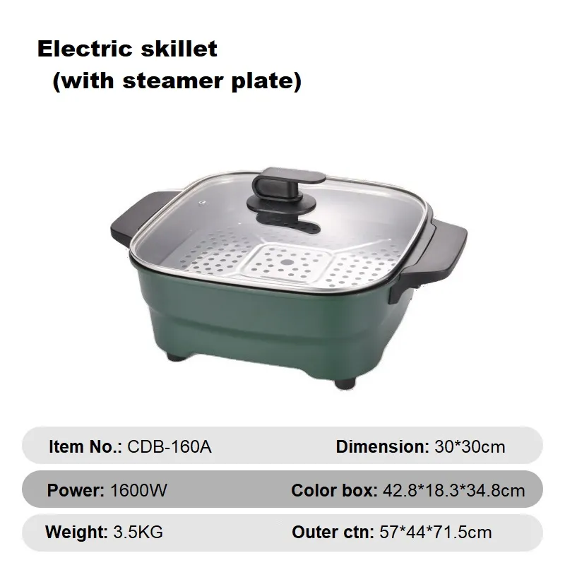 1600W Square Skillet with Temperature Control Glass Lid Non-Stick Coating Pan