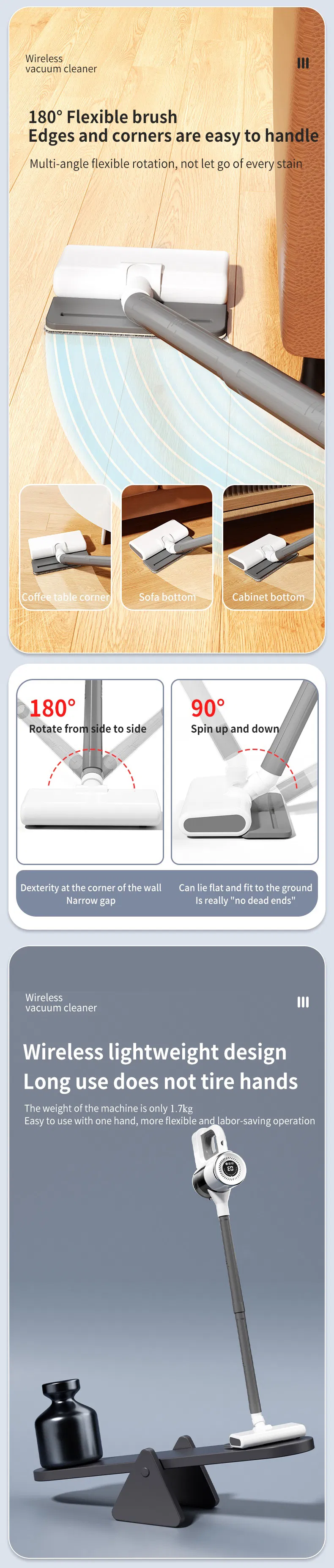 Household USB Charging Powerful Cordless Stick Electric Upright Vacuum Cleaner with Mop Display for Commercial Hotel Wet and Dry