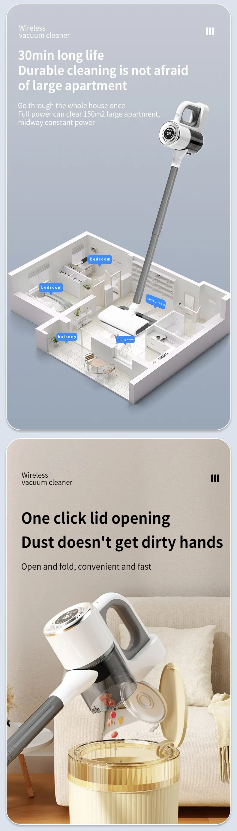 Household USB Charging Powerful Cordless Stick Electric Upright Vacuum Cleaner with Mop Display for Commercial Hotel Wet and Dry