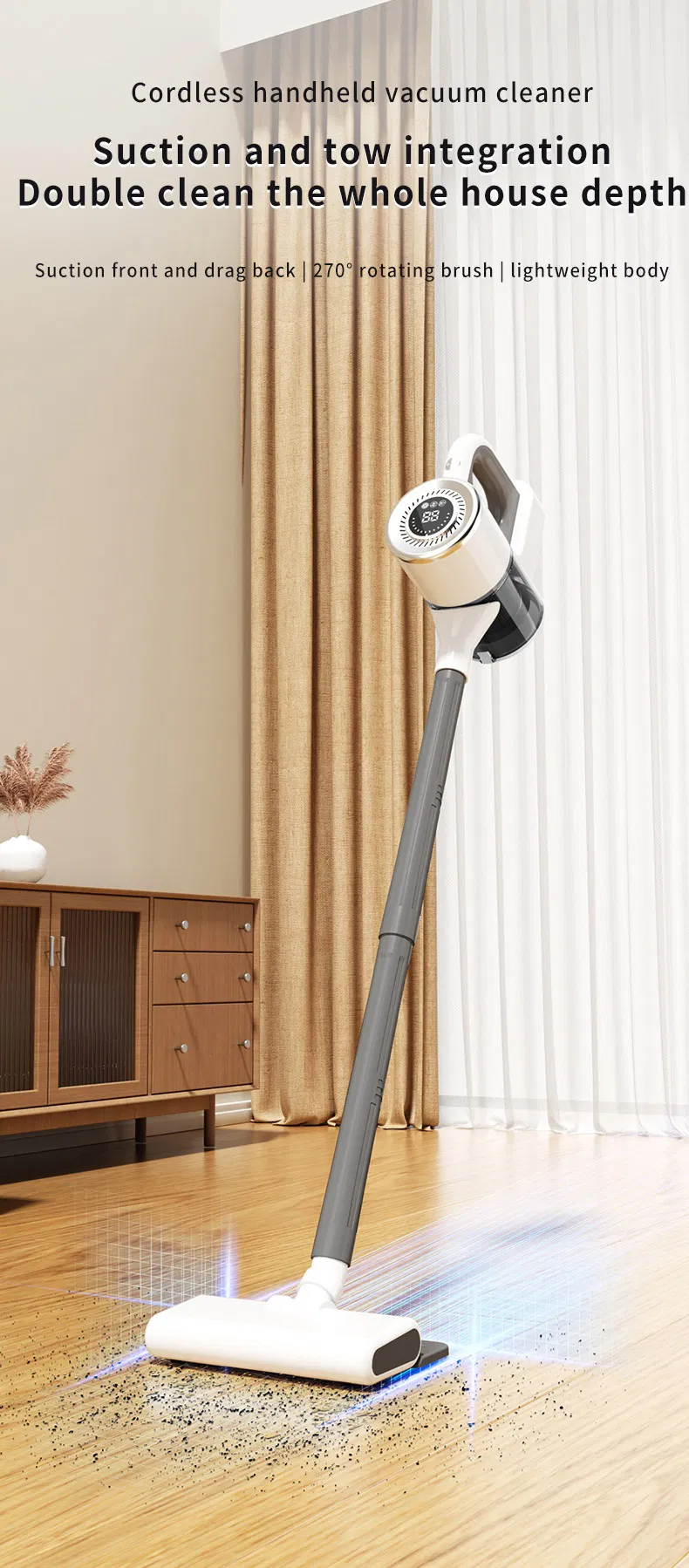 Household USB Charging Powerful Cordless Stick Electric Upright Vacuum Cleaner with Mop Display for Commercial Hotel Wet and Dry