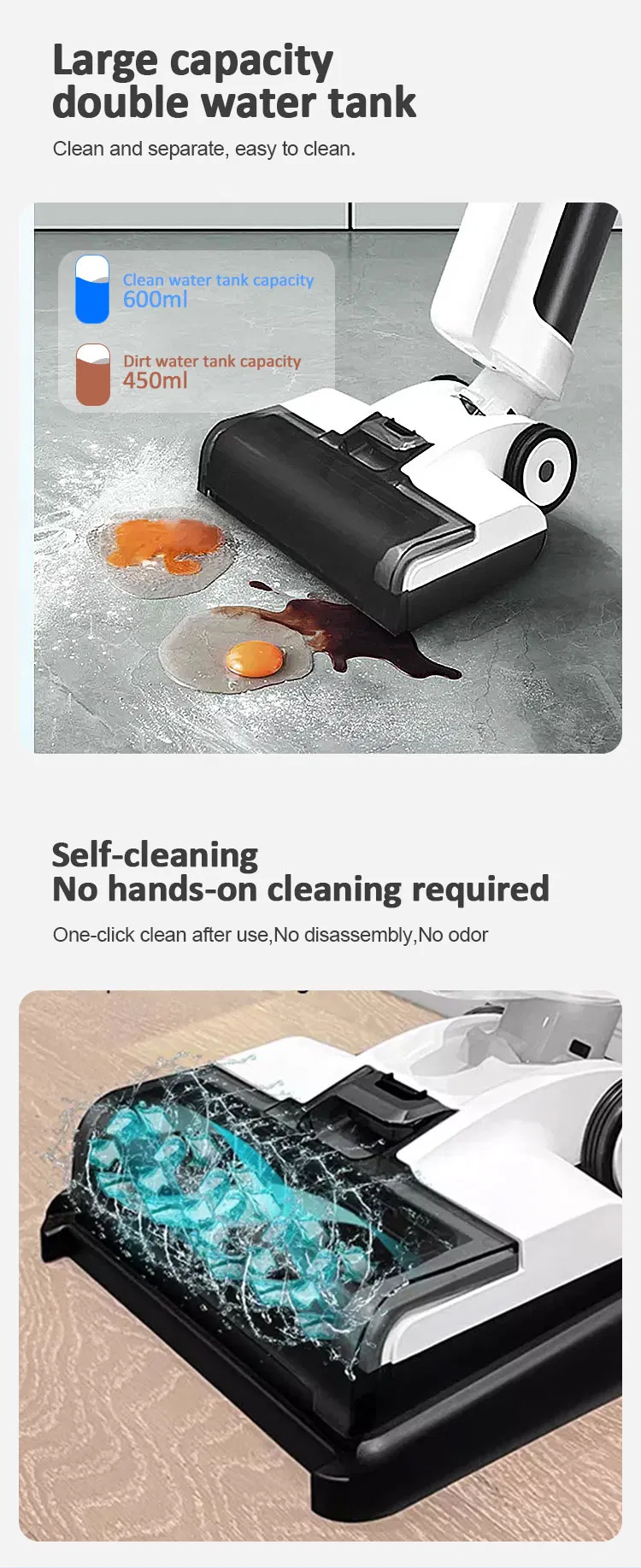 Wet and Dry Rechargeable Floor Washer 1000ml Capacity Cordless Vacuum Cleaner Mop