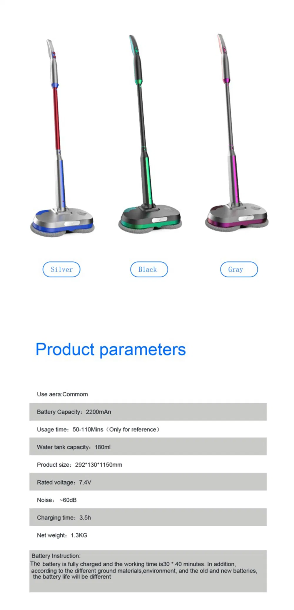 Electric Mop, Cordless Floor Scrubber for Floor Cleaning, Power Cordless Mop with Extension Handle, Electric Spin Mop